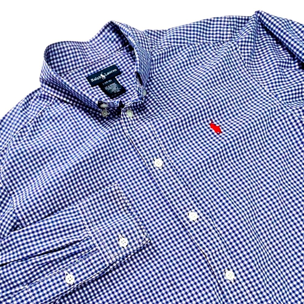Ralph Lauren Boys Blue White Gingham Button Down Shirt L 14-16 Cotton Red Pony
